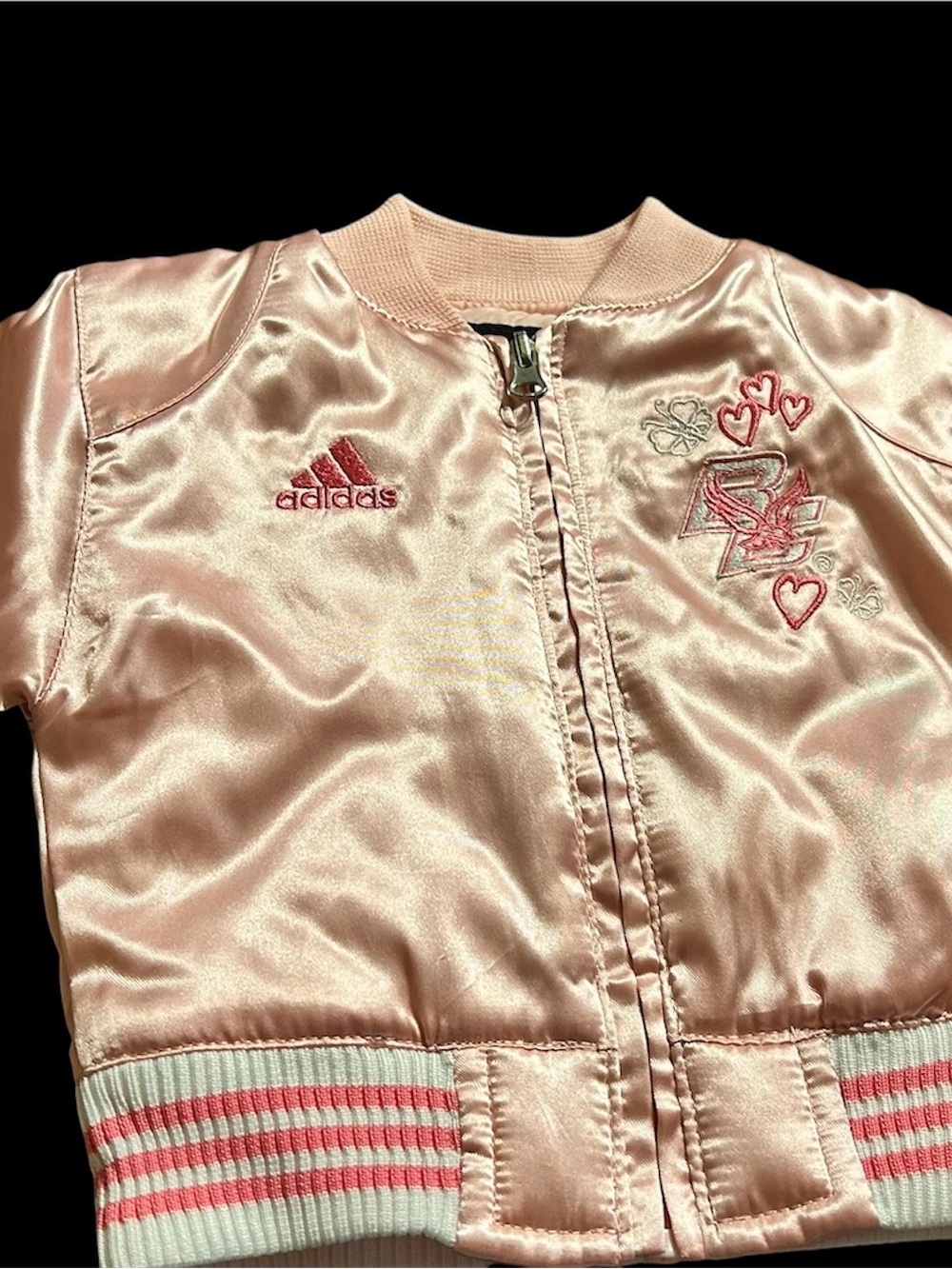 adidas Pink Satin Bomber Jacket with Embroidered Hearts and Logo